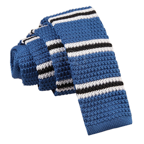 Men's Knitted Blue with Black & White Thin Stripe Tie