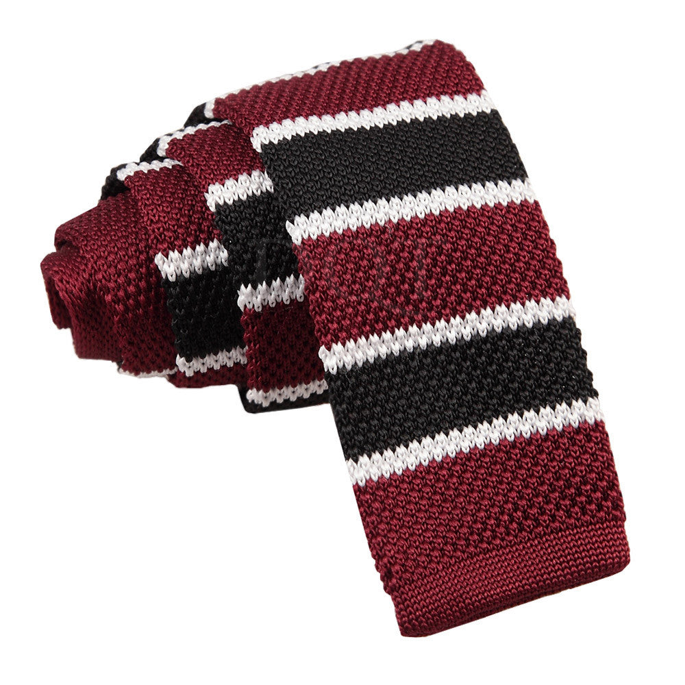 Burgundy Men's Knitted Black with White Thin Stripe Tie