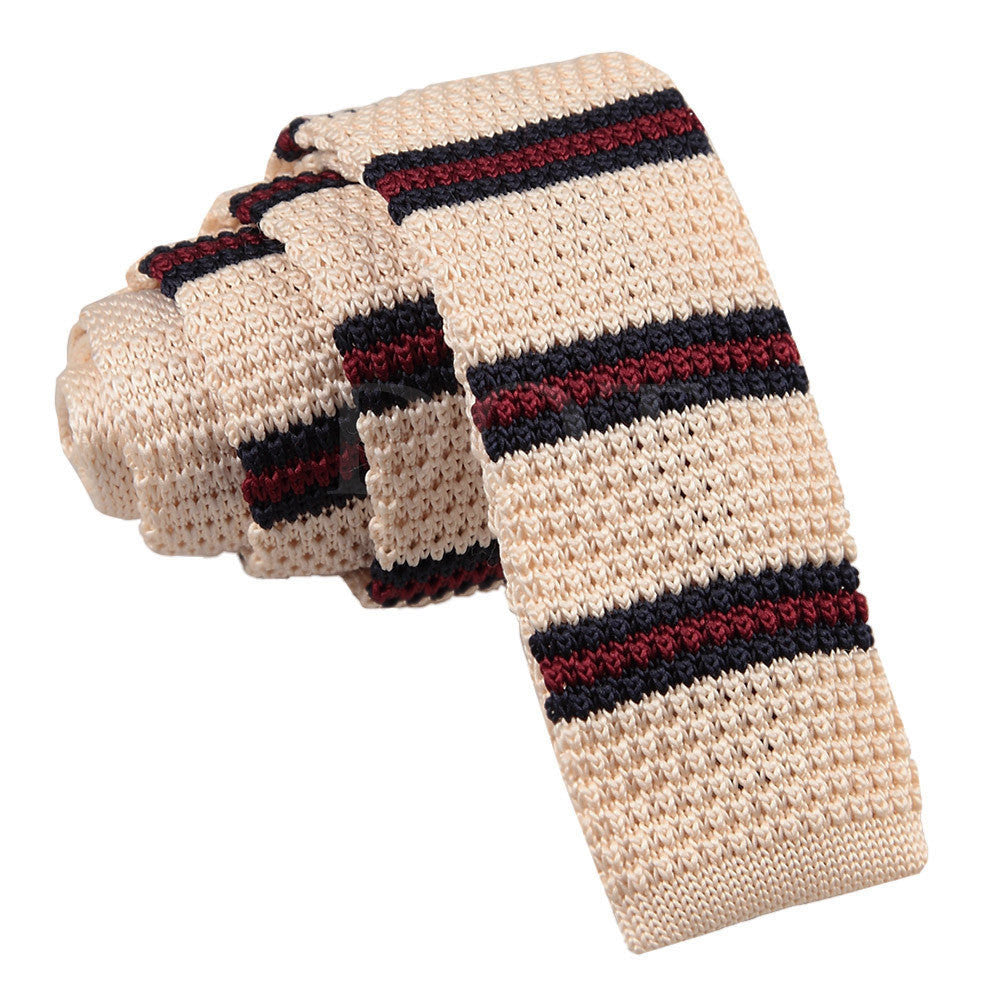 Men's Knitted Cream with Burgundy & Navy Thin Stripe Tie
