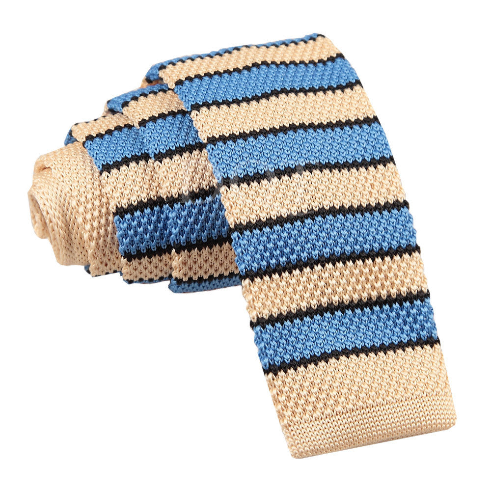 Cream Men's Knitted Light Blue with Black Thin Stripe Tie
