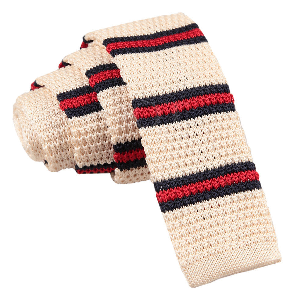 Men's Knitted Cream with Red & Navy Thin Stripe Tie