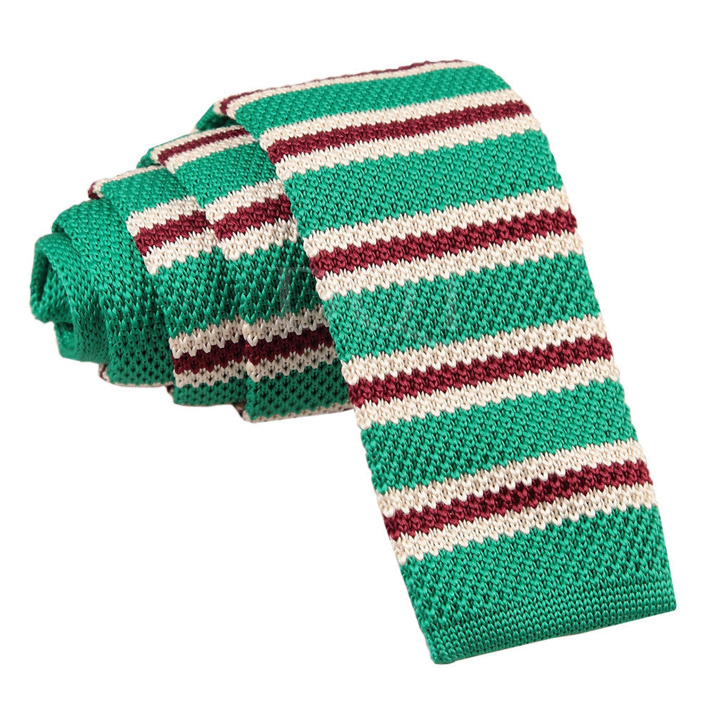 Men's Knitted Green with Burgundy & Cream Thin Stripe Tie