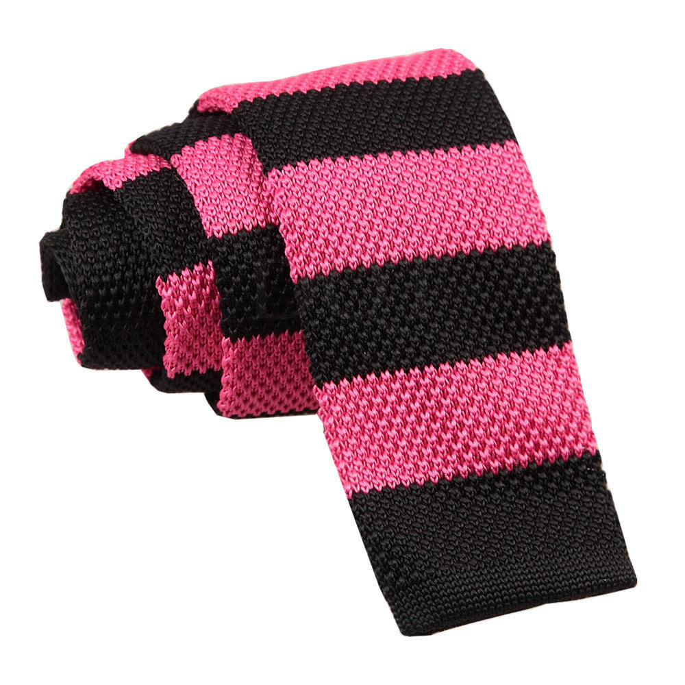 Men's Knitted Hot Pink & Black Striped Tie