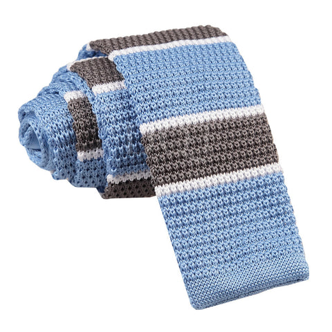 Light Blue Men's Knitted Grey with White Thin Stripe Tie