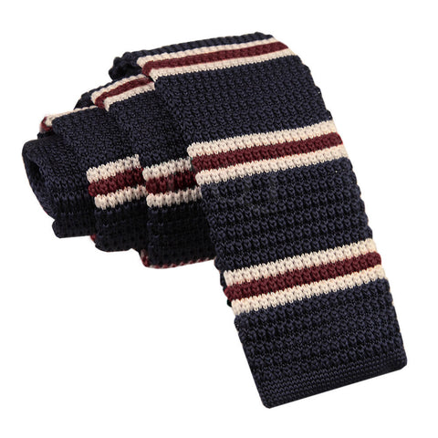 Men's Knitted Navy with Burgundy & Cream Thin Stripe Tie