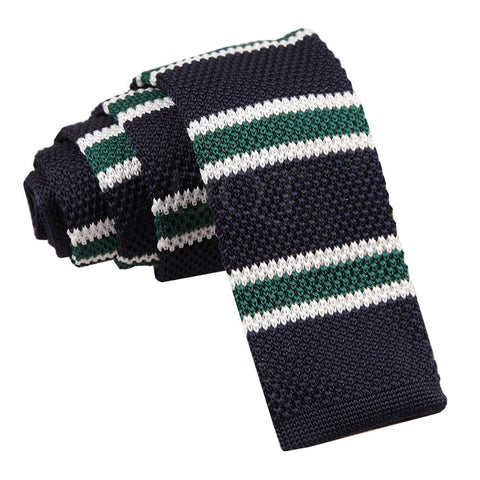 Navy Men's Knitted Green with White Thin Stripe Tie