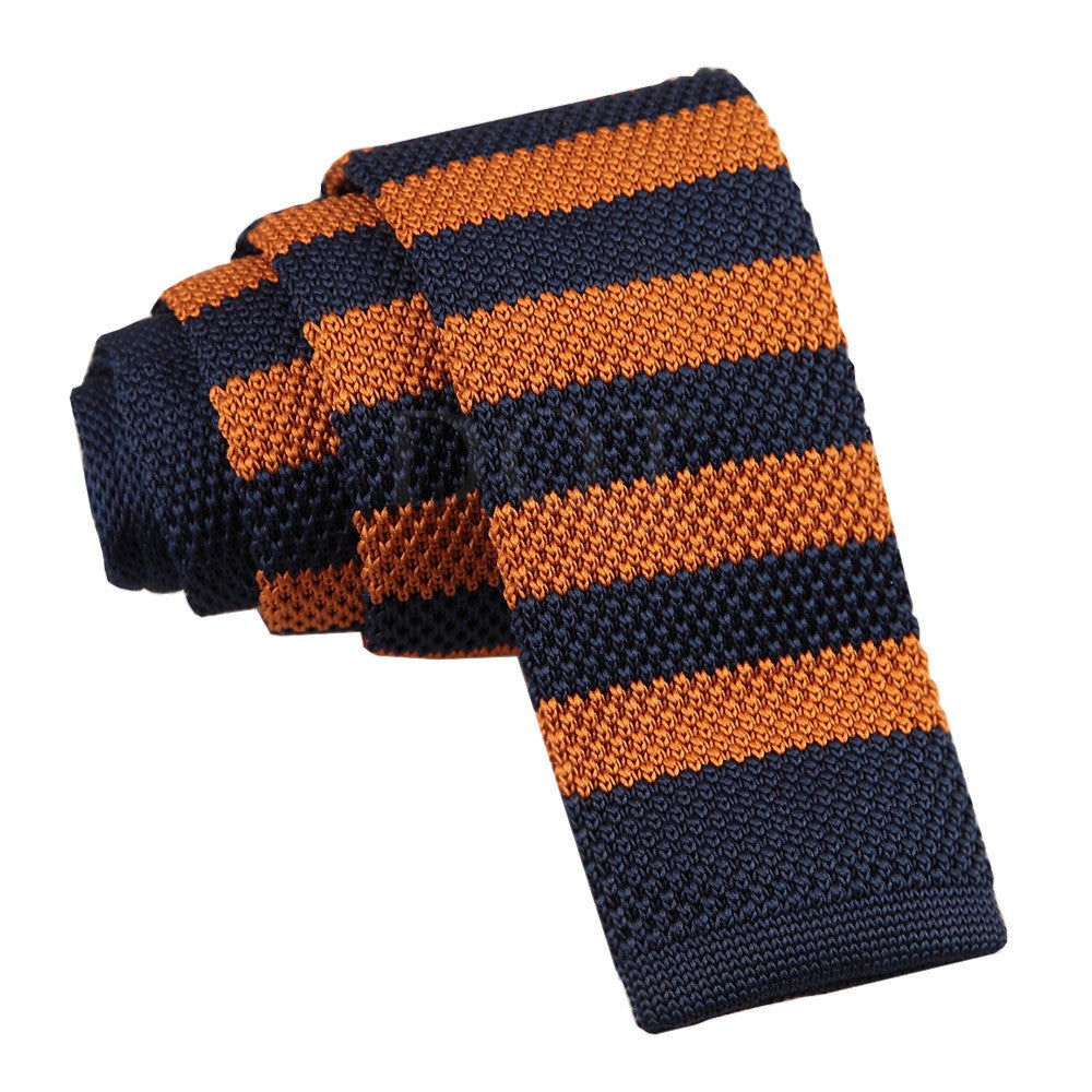 Men's Knitted Navy & Orange Striped Tie