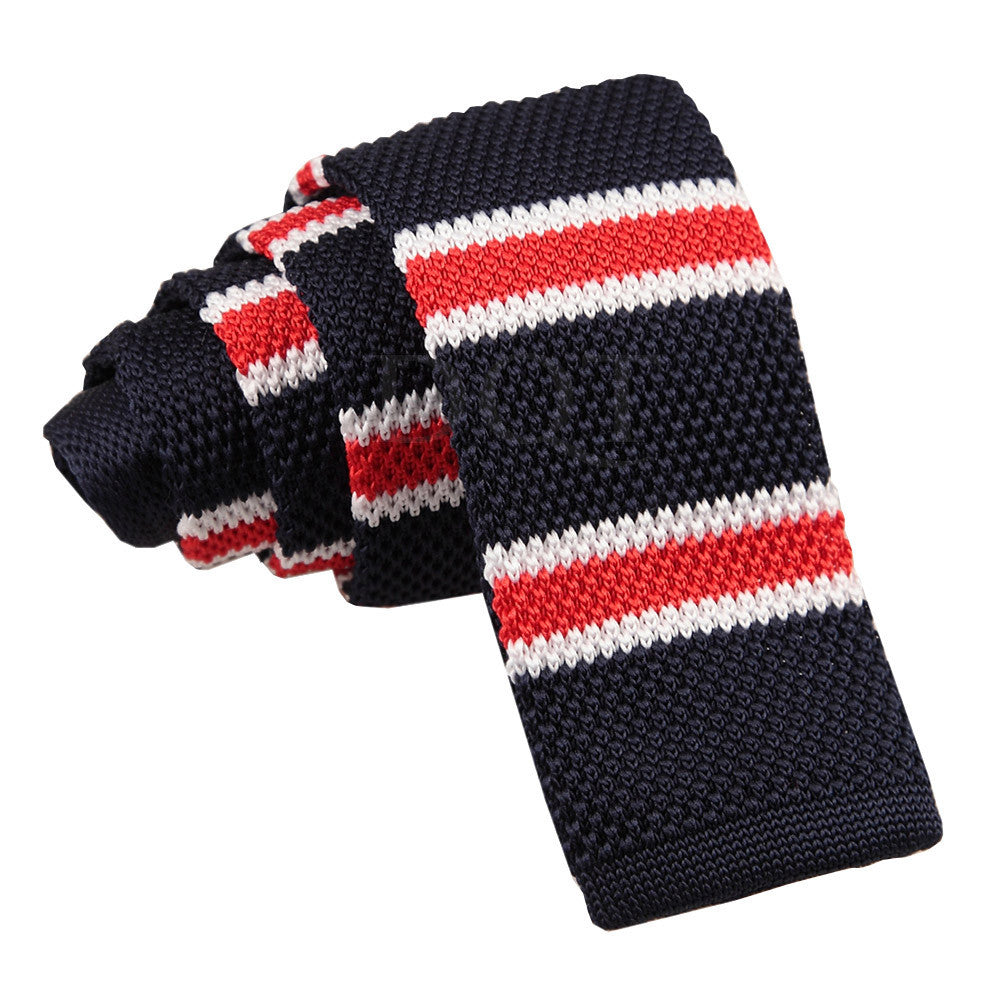 Navy Men's Knitted White with Red Thin Stripe Tie