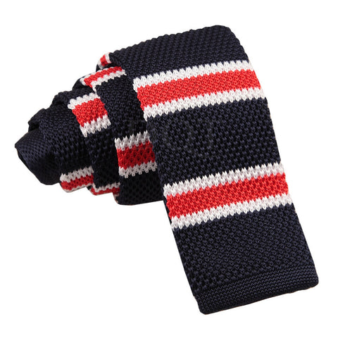 Navy Men's Knitted White with Red Thin Stripe Tie