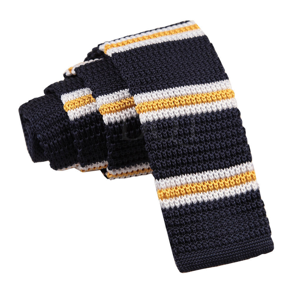 Men's Knitted Navy with Yellow & White Thin Stripe Tie