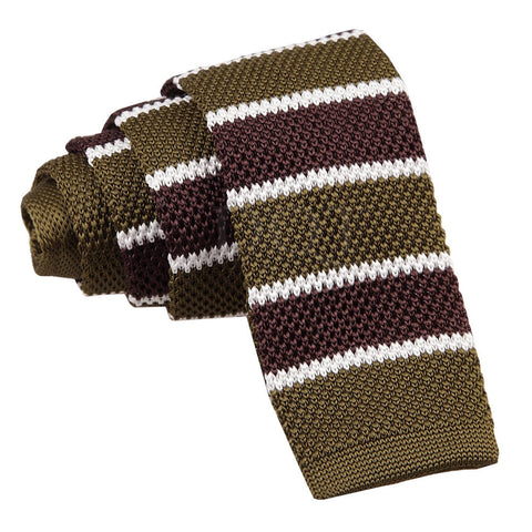 Olive Green Men's Knitted Brown with White Thin Stripe Tie