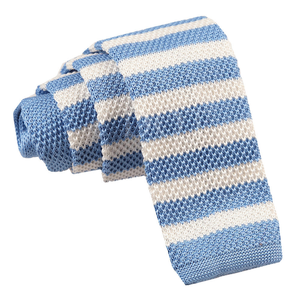 Men's Knitted Pale Blue & White Striped Tie