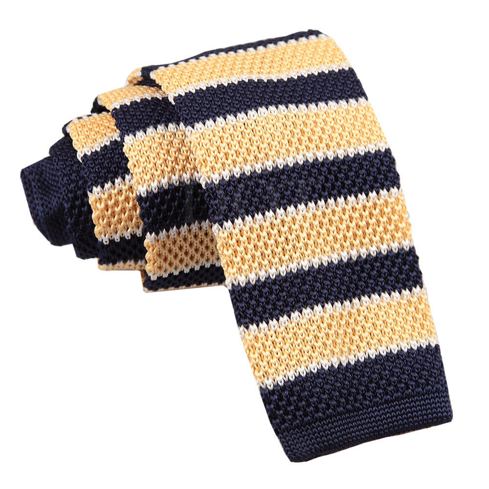 Pale Yellow Men's Knitted Navy with White Thin Stripe Tie