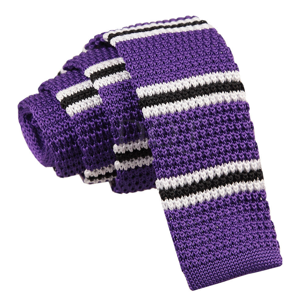 Men's Knitted Purple with Black & White Thin Stripe Tie