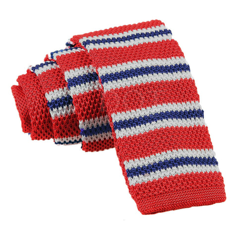 Men's Knitted Red with Blue & White Thin Stripe Tie