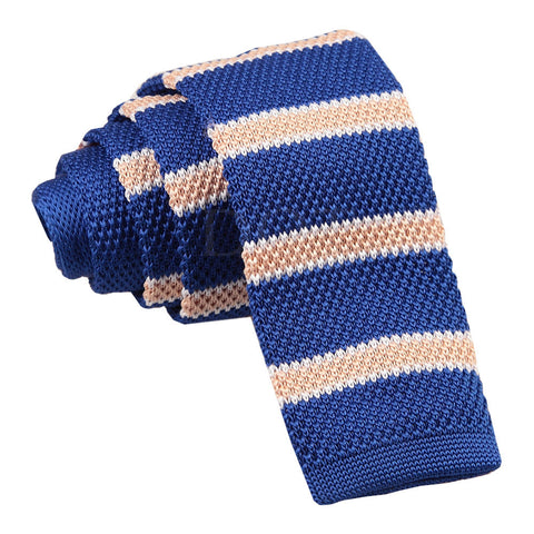 Royal Blue Men's Knitted Cream with White Thin Stripe Tie