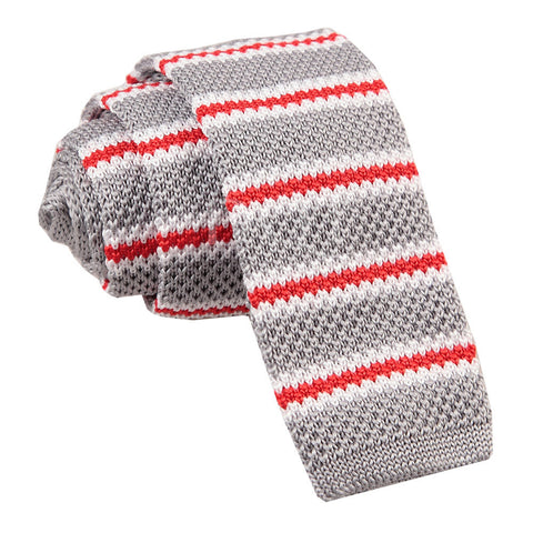 Men's Knitted Silver with Red & White Thin Stripe Tie