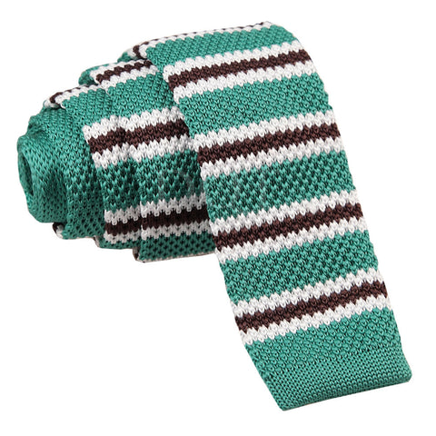Men's Knitted Teal with Brown & White Thin Stripe Tie